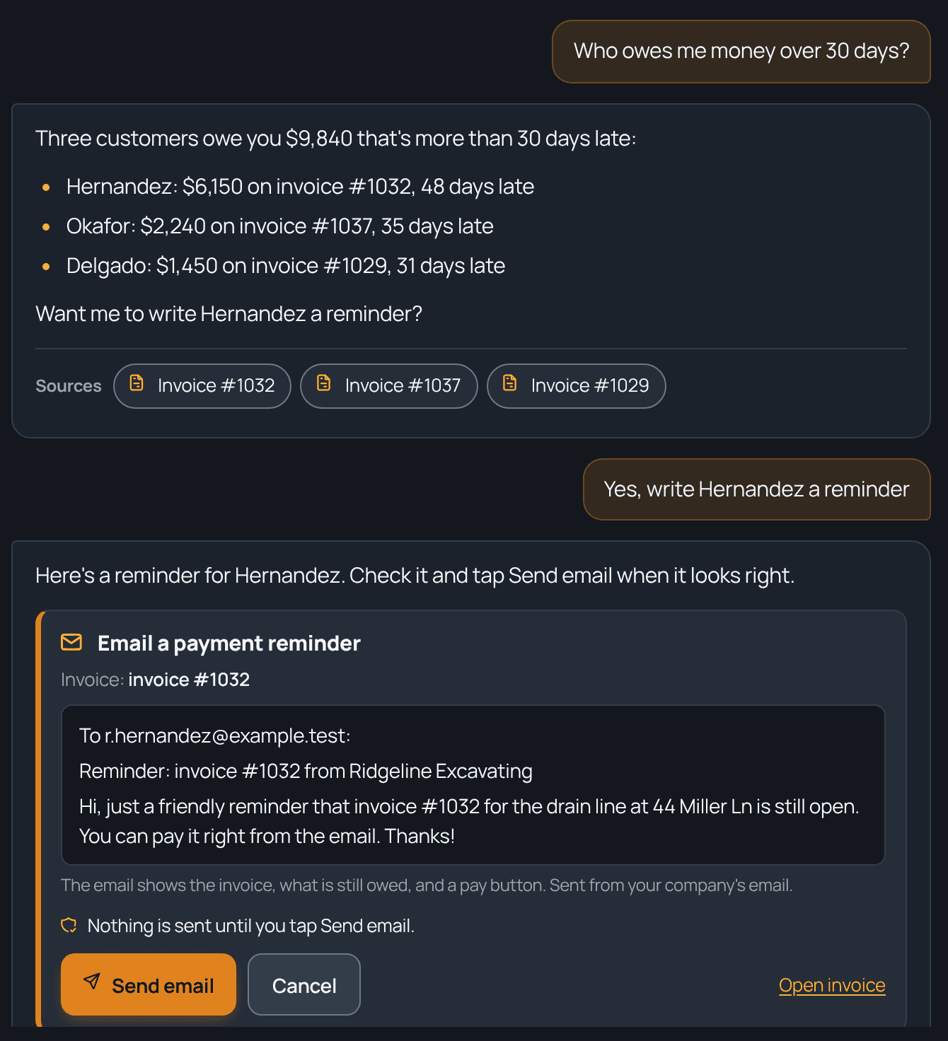 Ask TrackOver answering who owes money over 30 days, then writing a payment reminder email that waits for Send email