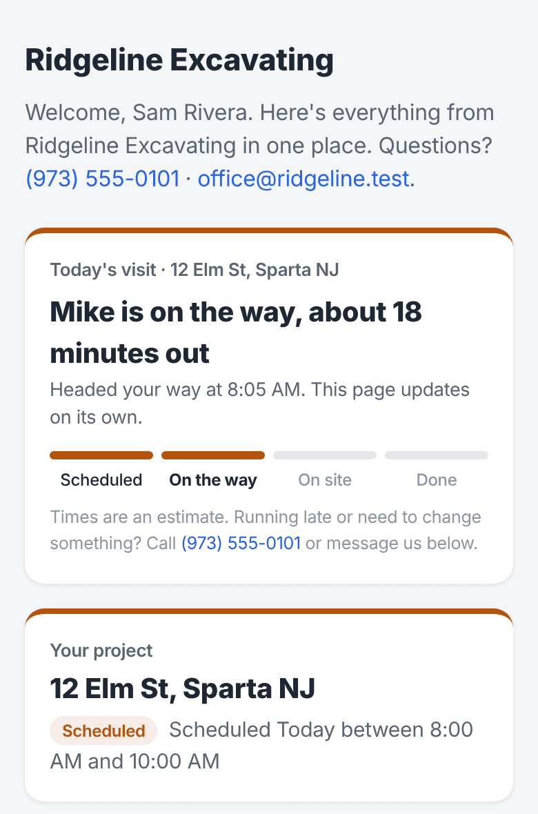 A customer's page on a phone: Mike is on the way, about 18 minutes out, with the steps Scheduled, On the way, On site and Done