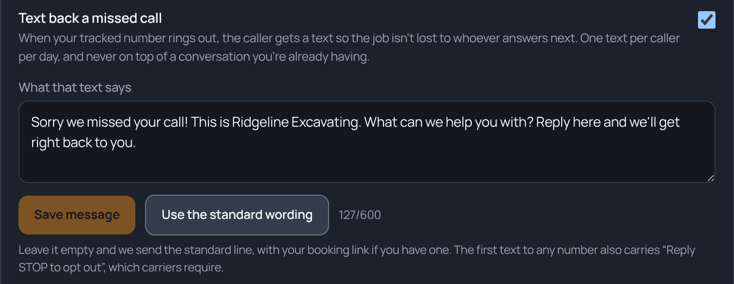 Settings switch for Text back a missed call, turned on, with the company's own wording for the text