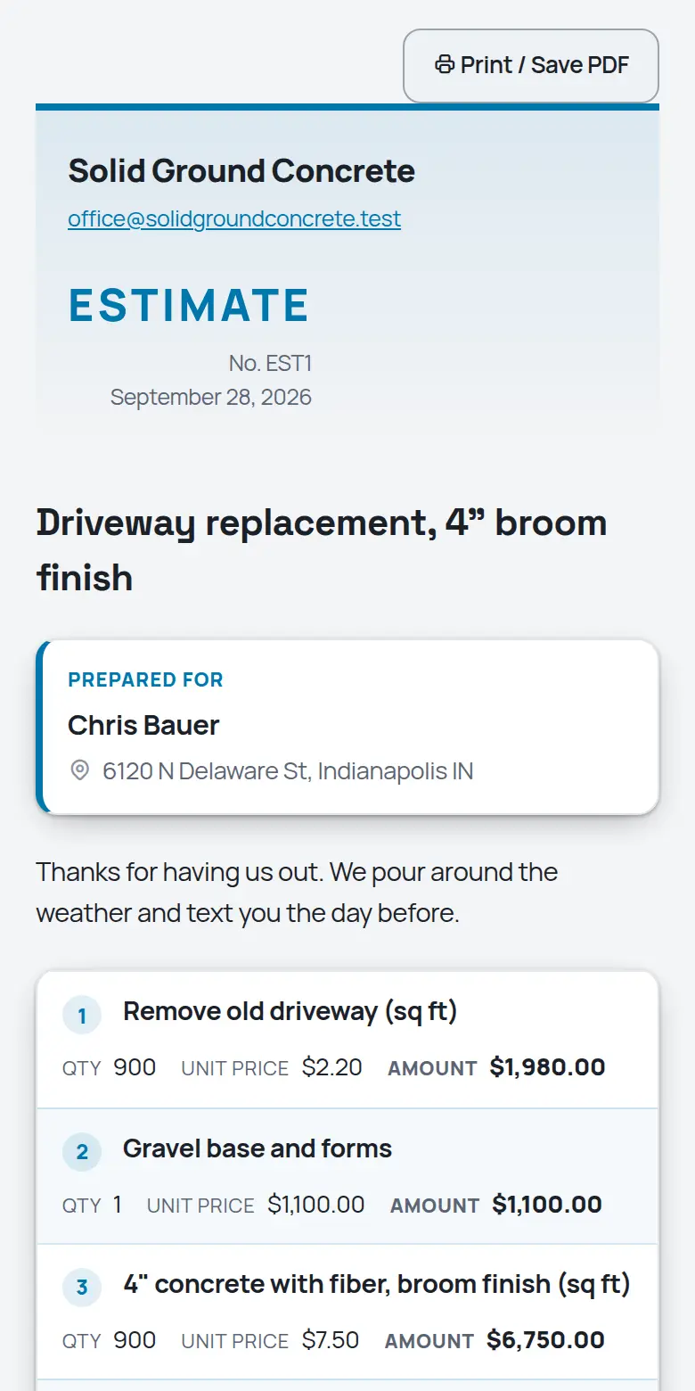 A TrackOver estimate as the customer sees it on a phone
