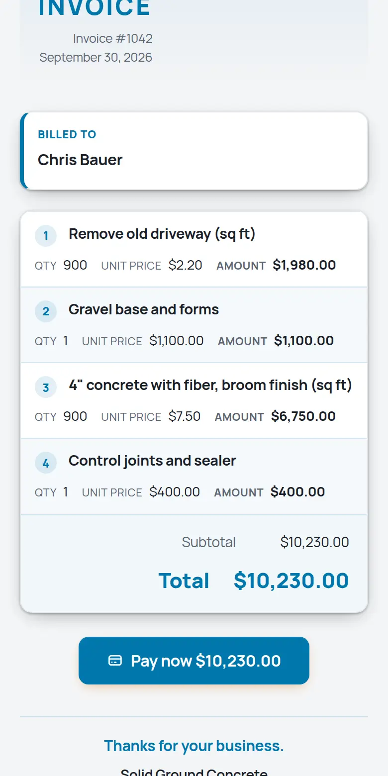 A TrackOver invoice on a phone with the Pay now button