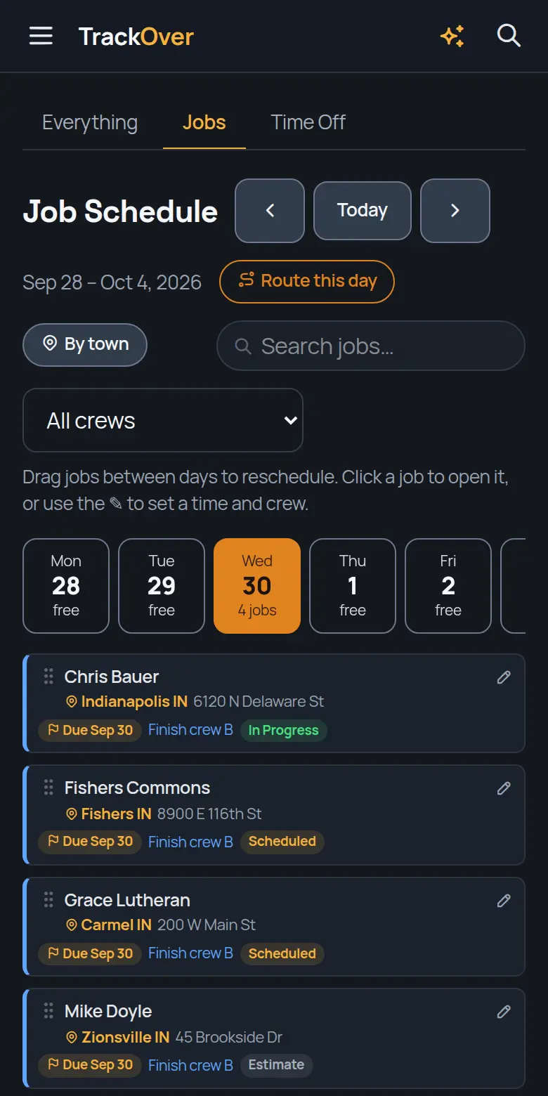 TrackOver job schedule on a phone, with the day's jobs, crew and status