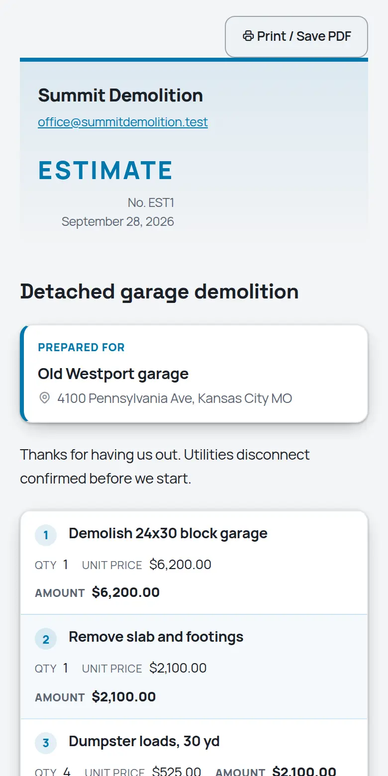 A TrackOver estimate as the customer sees it on a phone