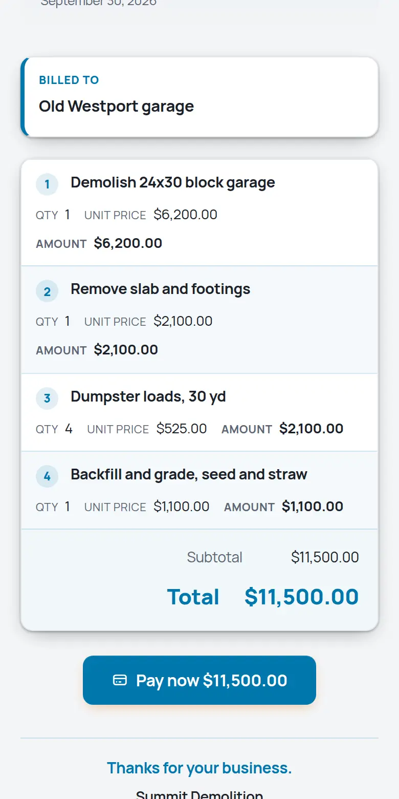 A TrackOver invoice on a phone with the Pay now button