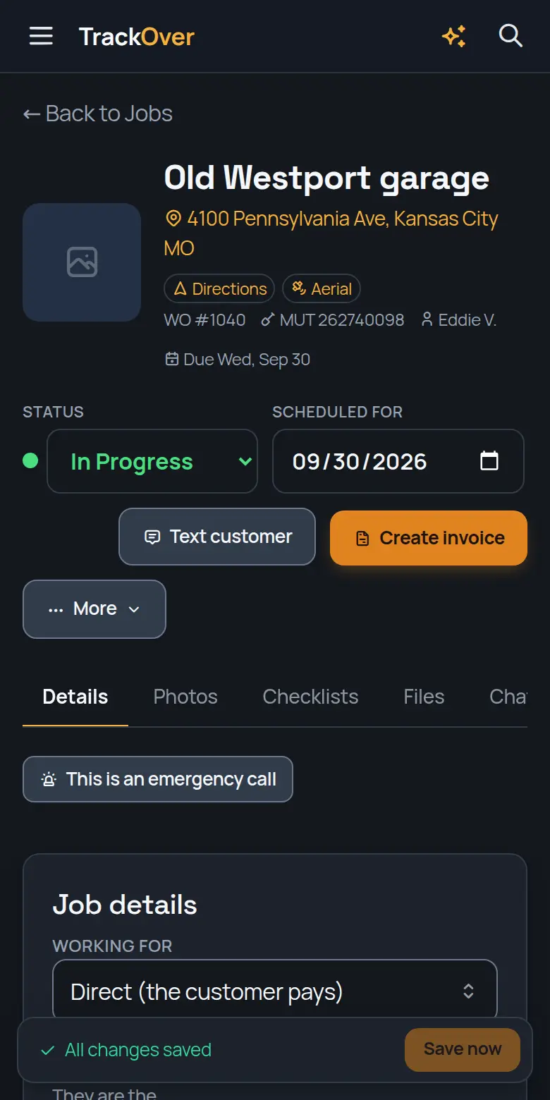 A TrackOver job page on a phone: customer, address, status and the invoice button