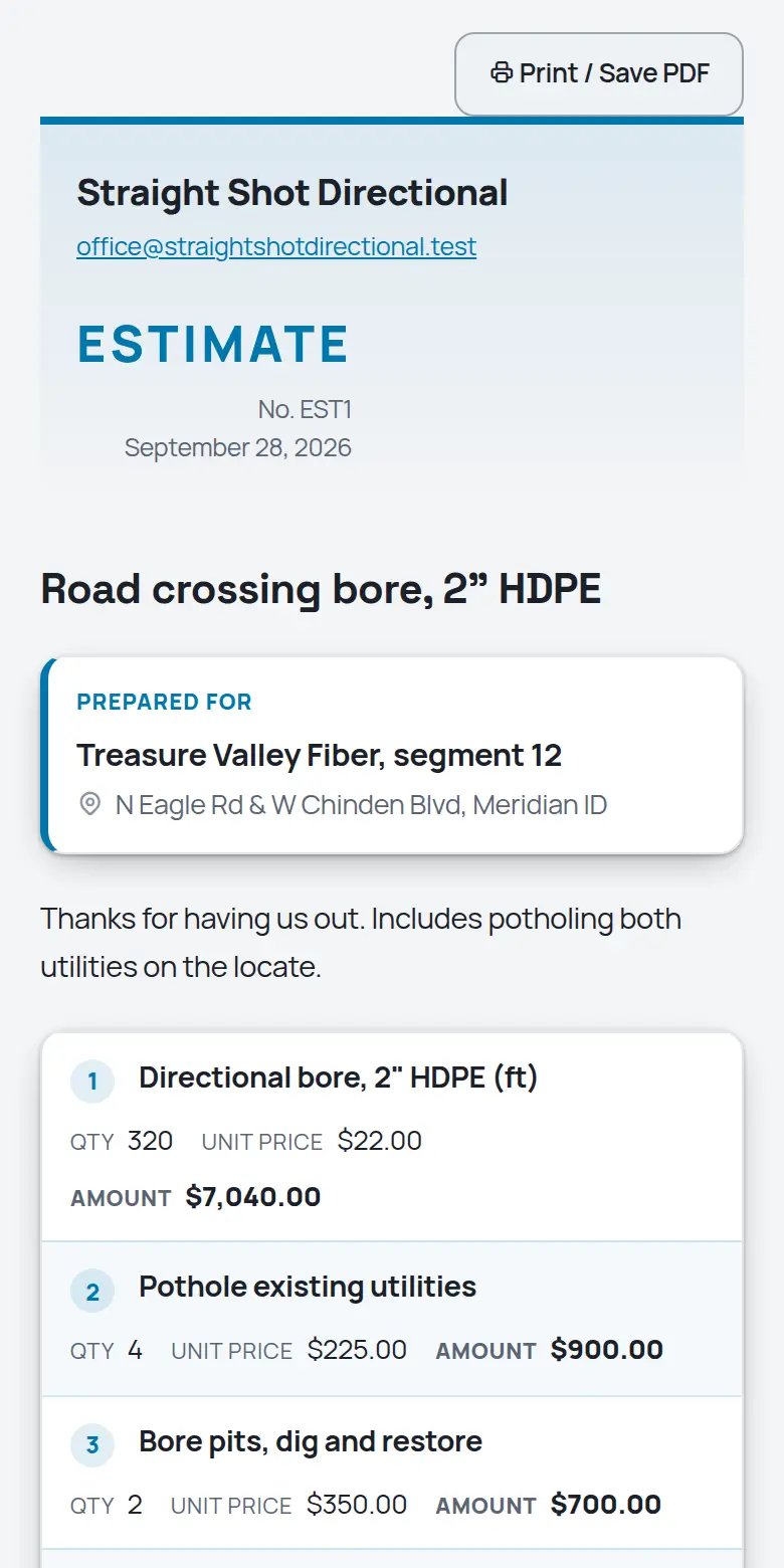 A TrackOver estimate as the customer sees it on a phone