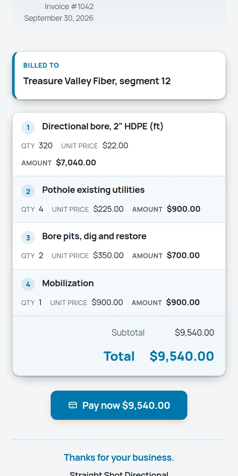 A TrackOver invoice on a phone with the Pay now button