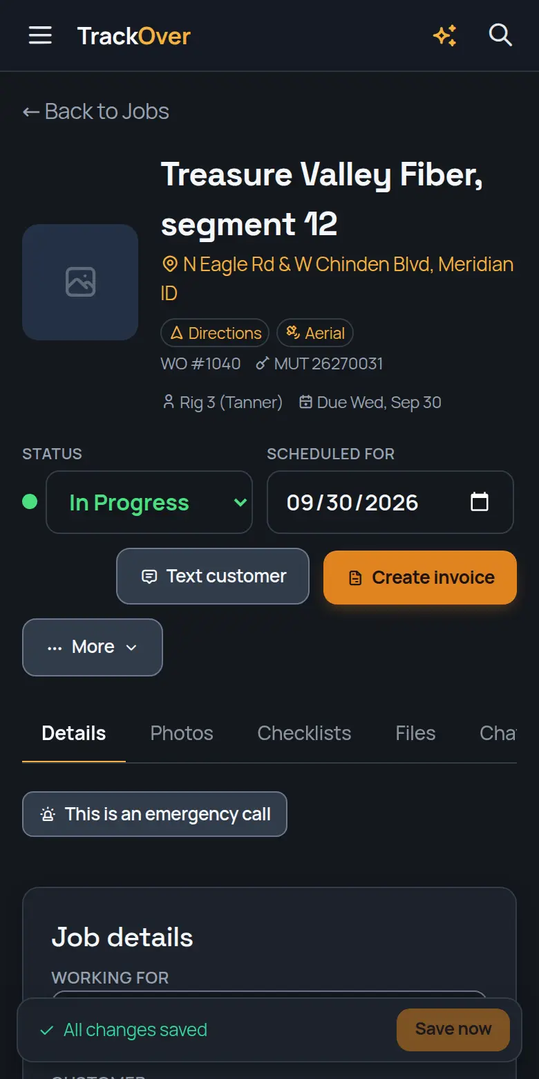 A TrackOver job page on a phone: customer, address, status and the invoice button