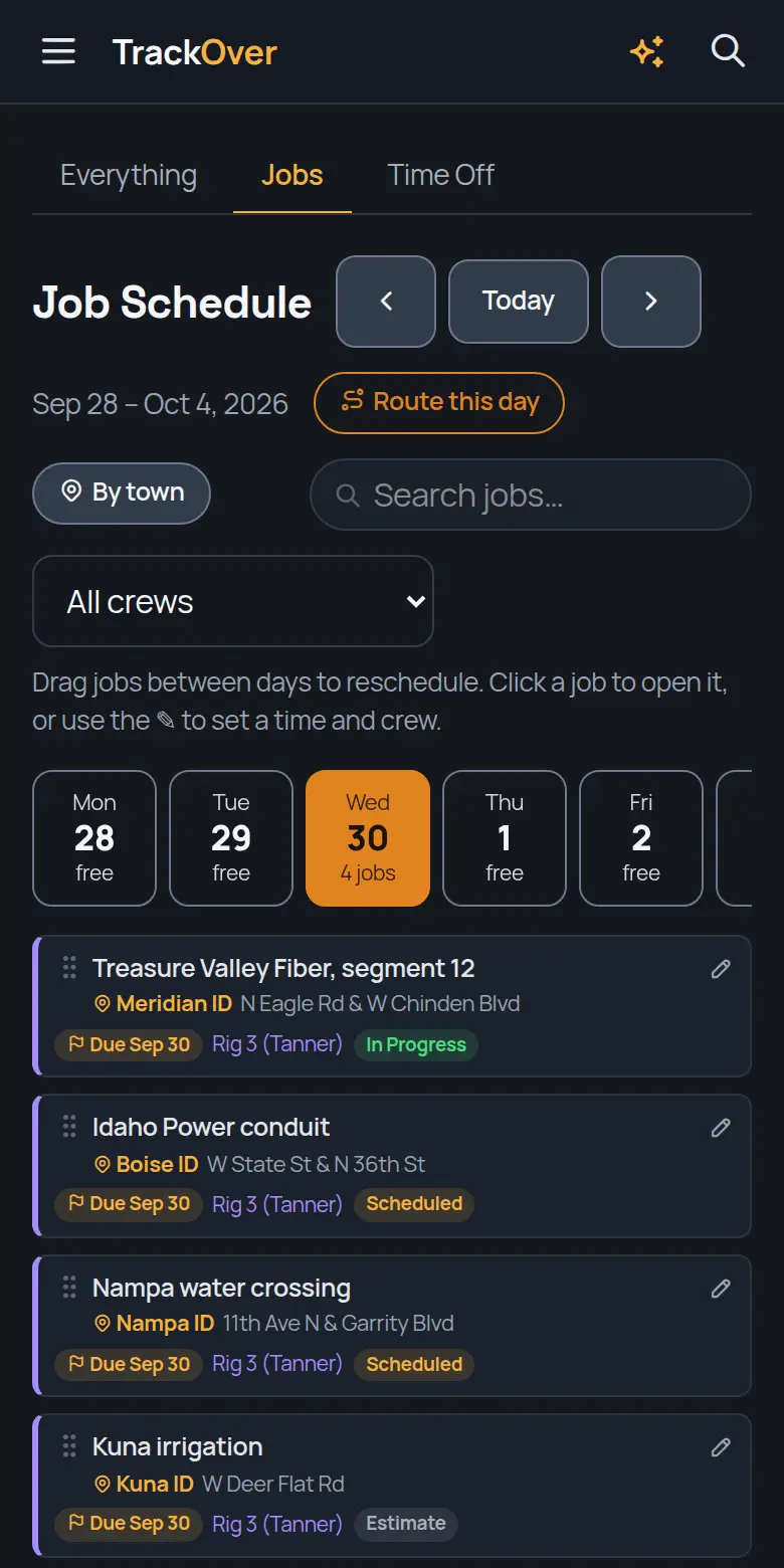 TrackOver job schedule on a phone, with the day's jobs, crew and status