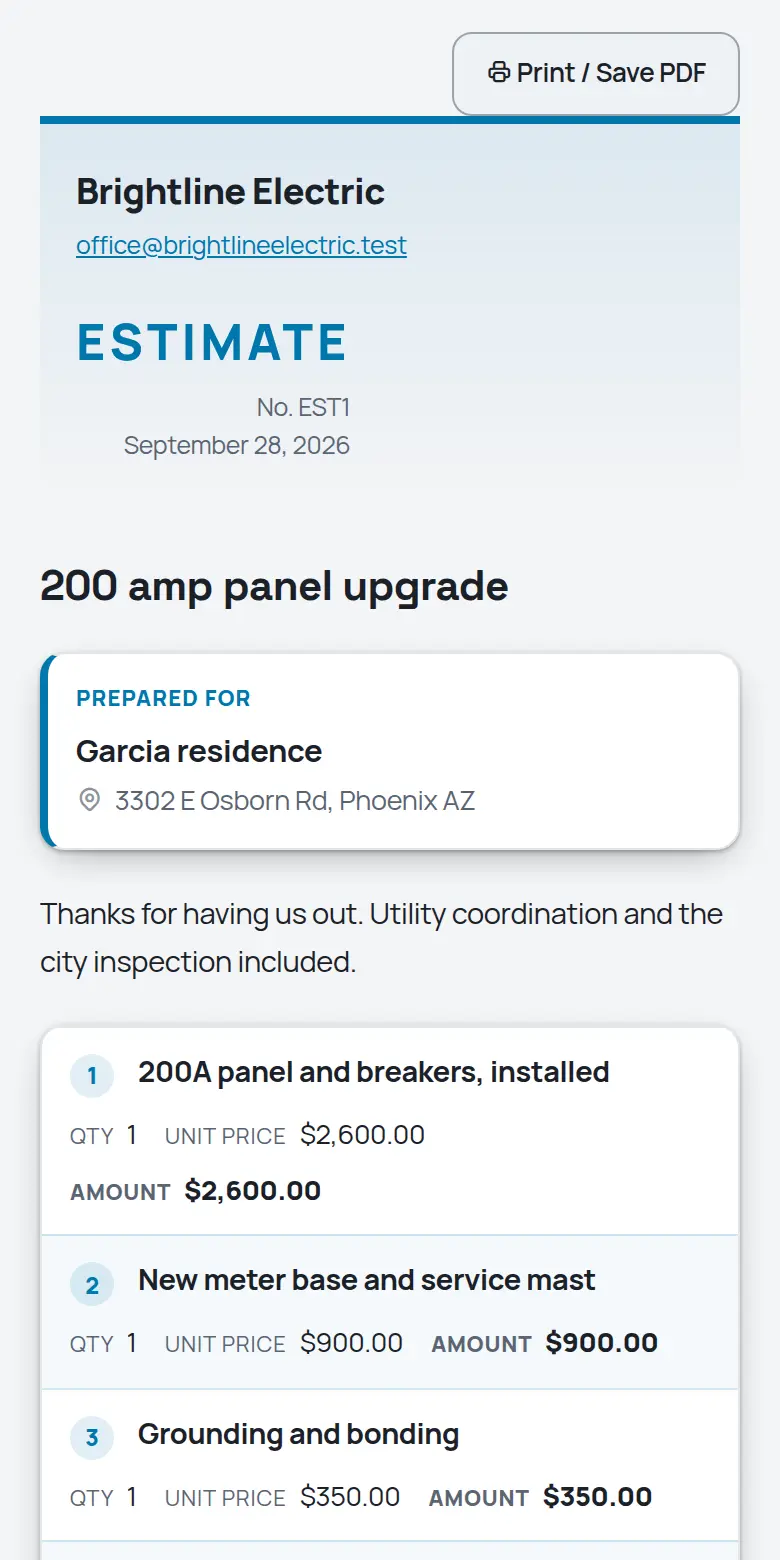 A TrackOver estimate as the customer sees it on a phone
