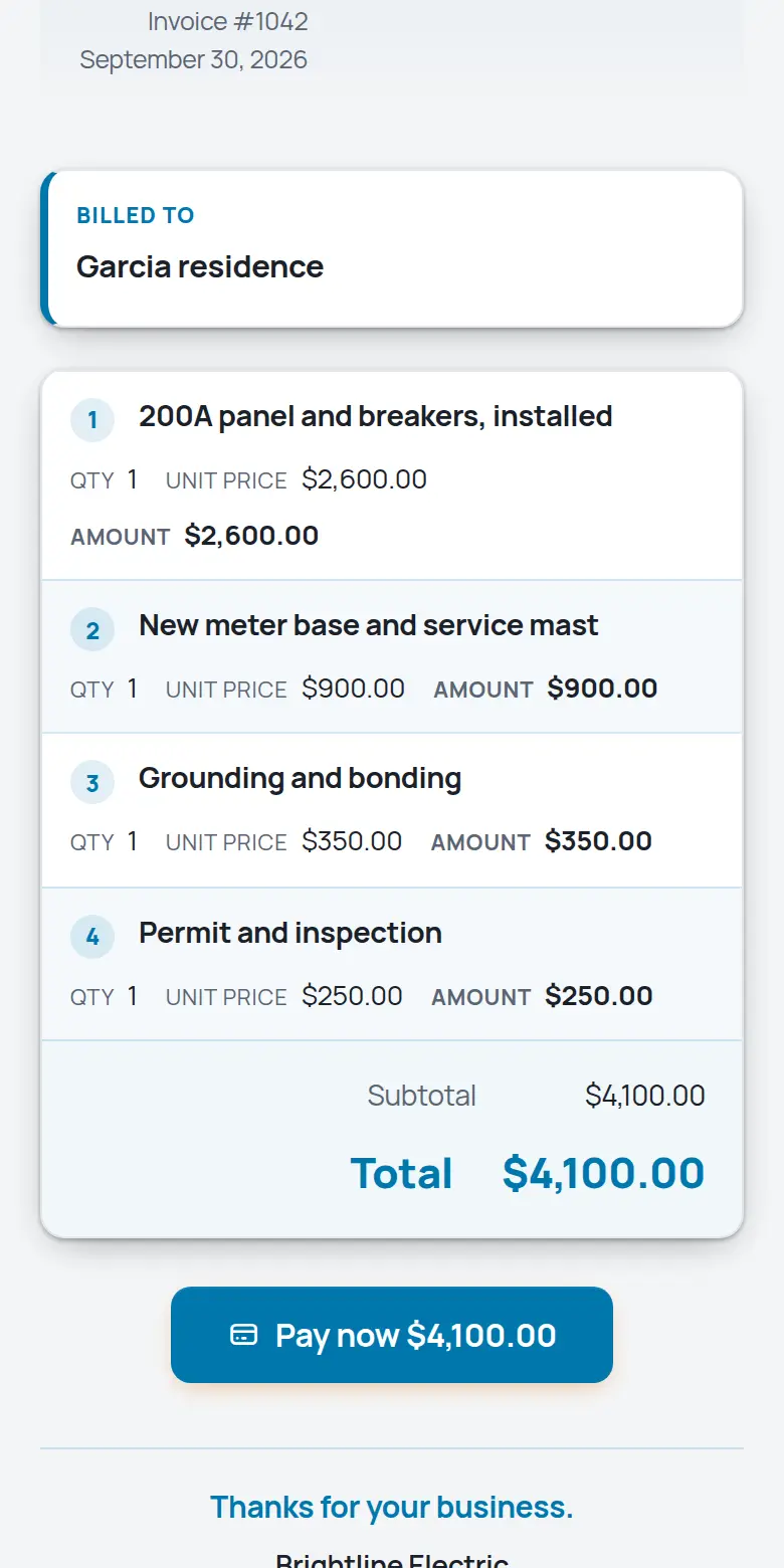 A TrackOver invoice on a phone with the Pay now button