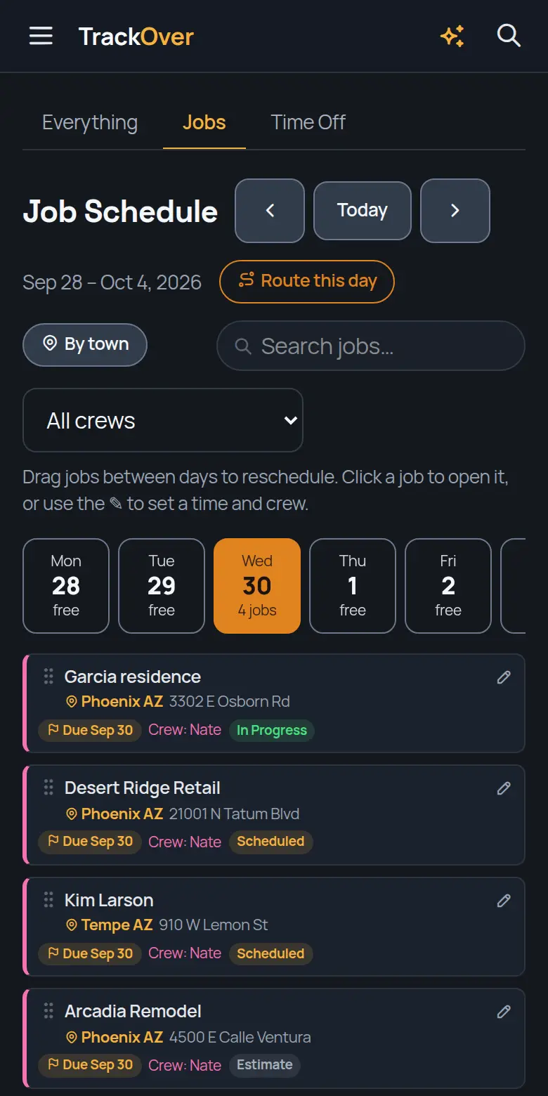 TrackOver job schedule on a phone, with the day's jobs, crew and status