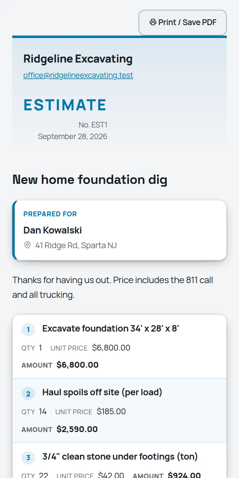 A TrackOver estimate as the customer sees it on a phone
