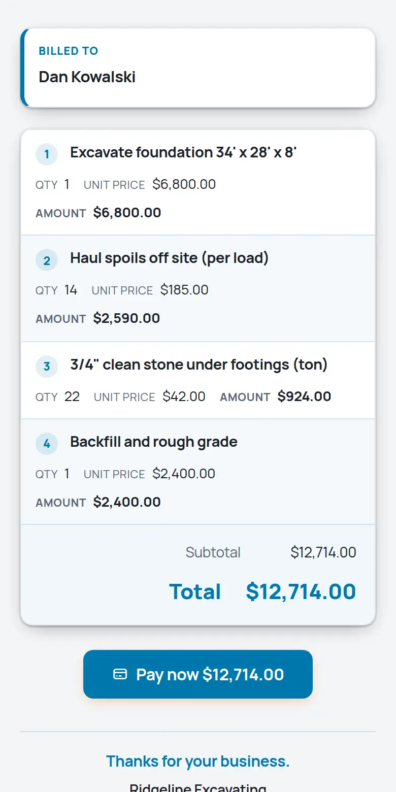 A TrackOver invoice on a phone with the Pay now button