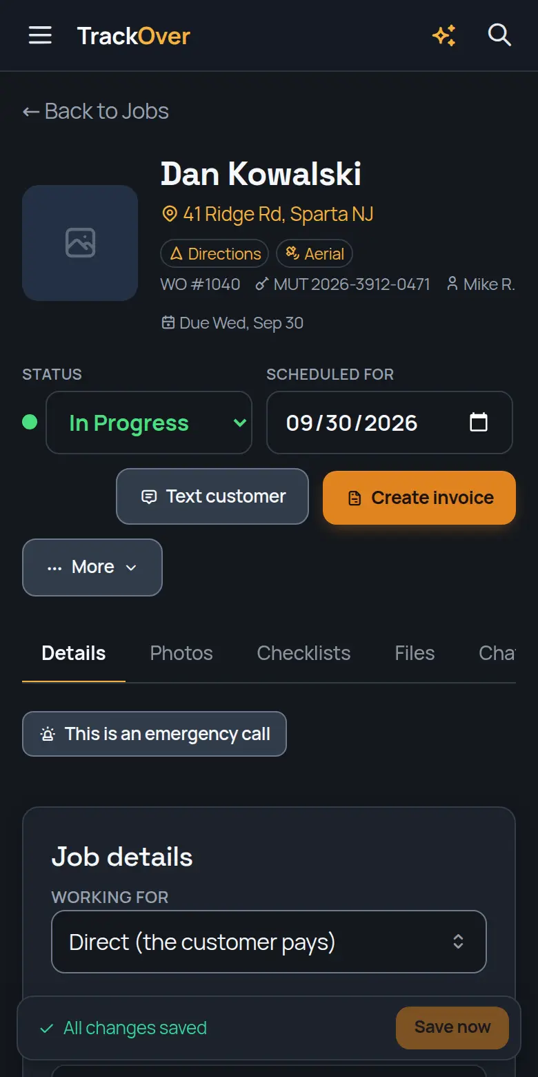 A TrackOver job page on a phone: customer, address, status and the invoice button