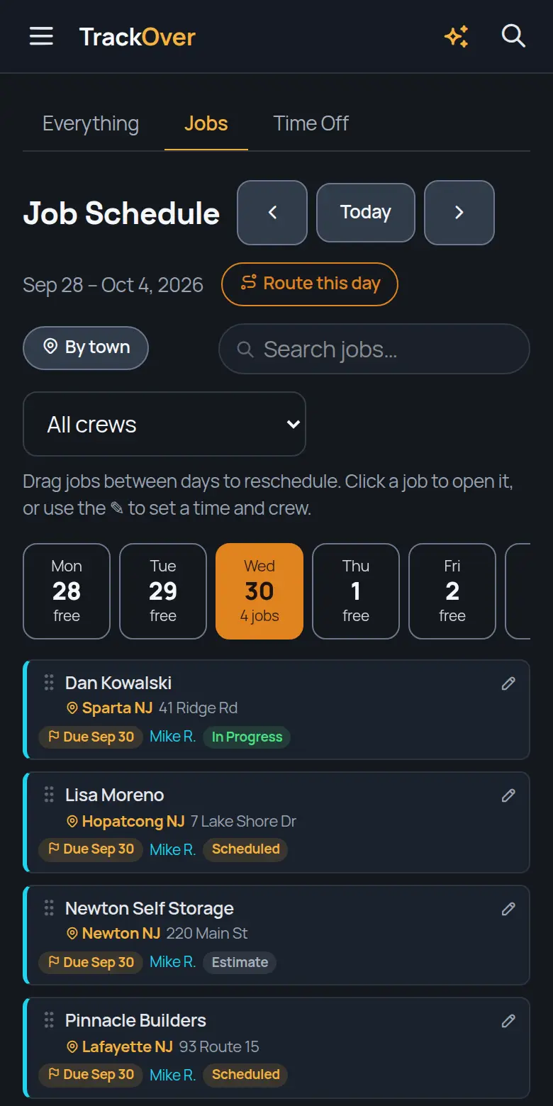 TrackOver job schedule on a phone, with the day's jobs, crew and status