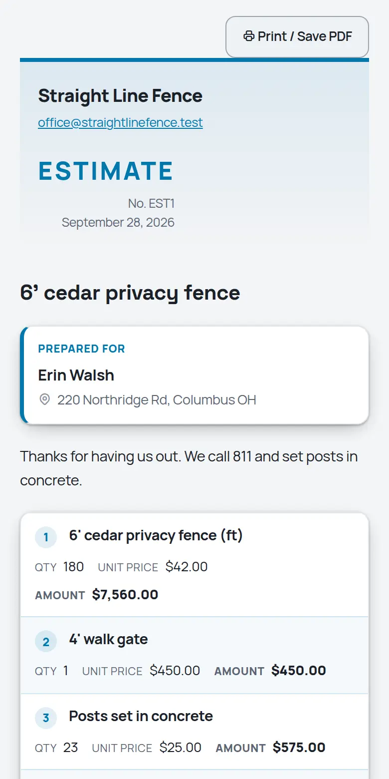 A TrackOver estimate as the customer sees it on a phone