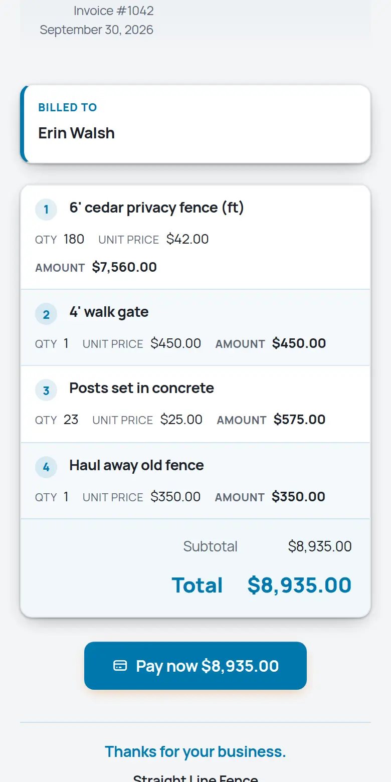 A TrackOver invoice on a phone with the Pay now button