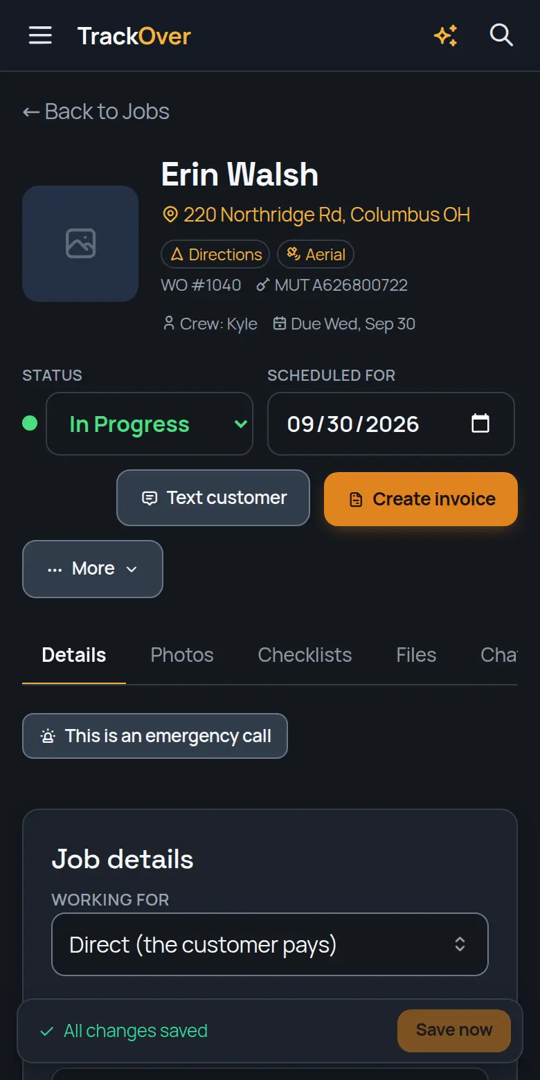 A TrackOver job page on a phone: customer, address, status and the invoice button