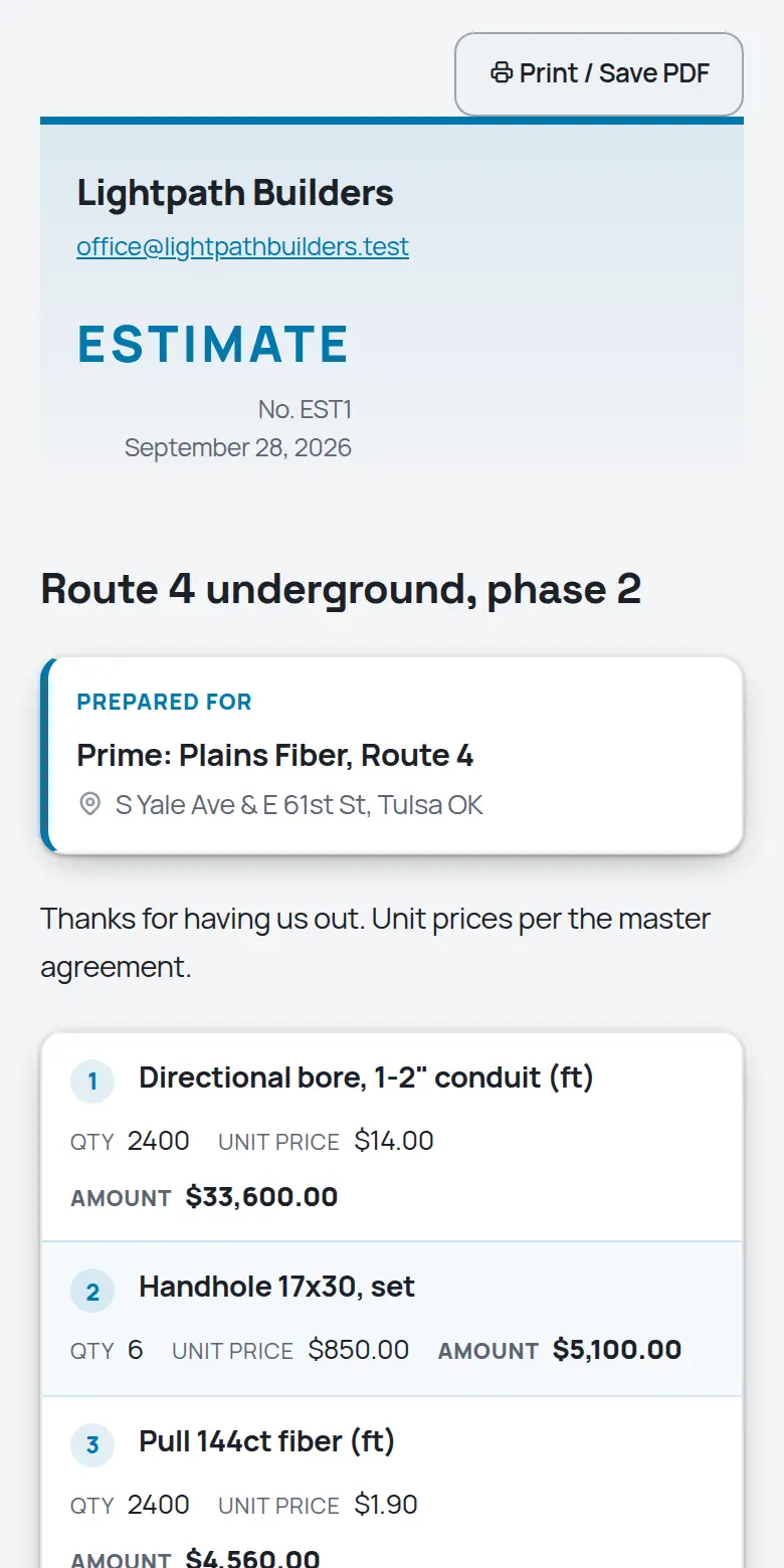 A TrackOver estimate as the customer sees it on a phone
