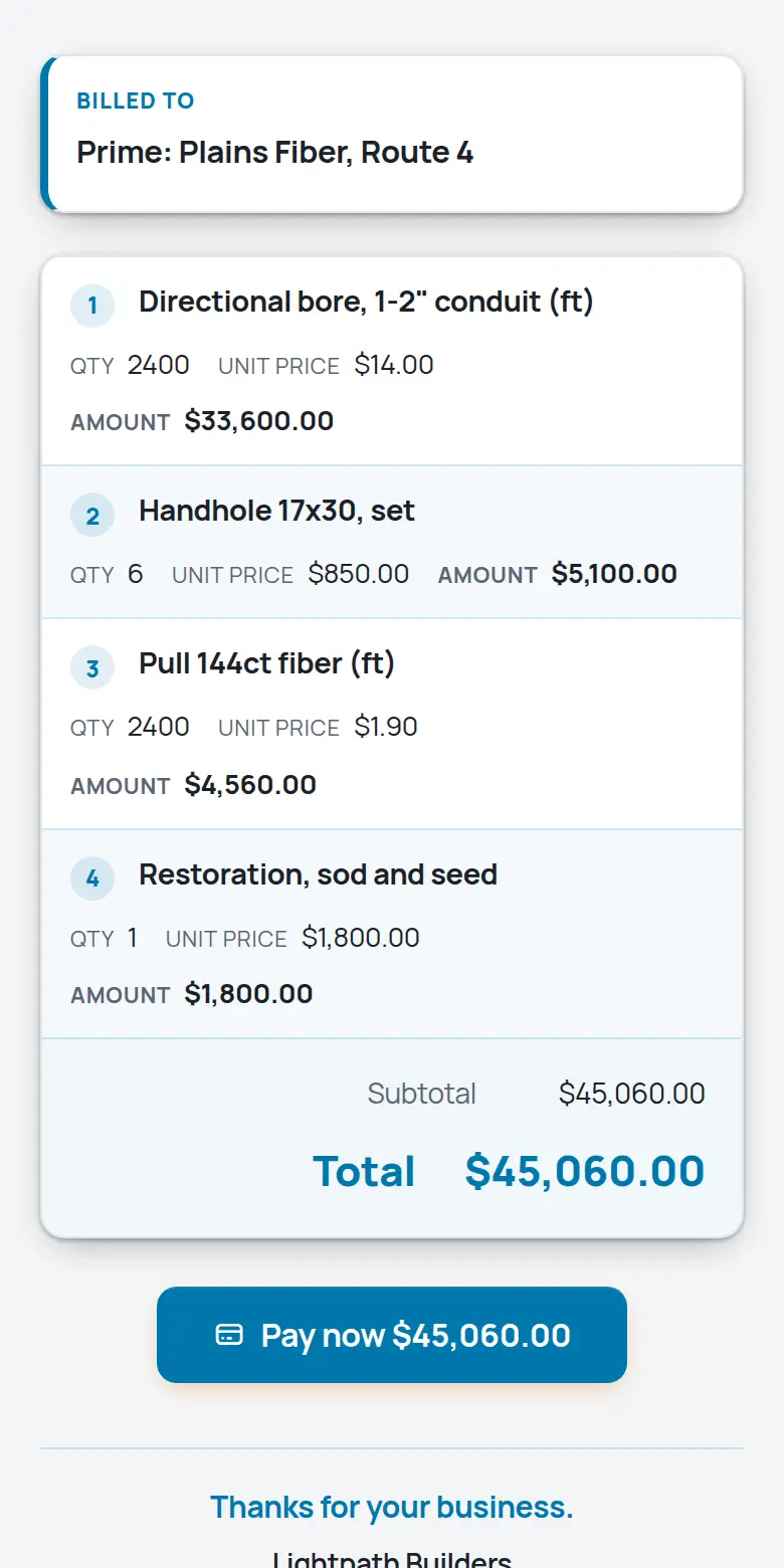 A TrackOver invoice on a phone with the Pay now button