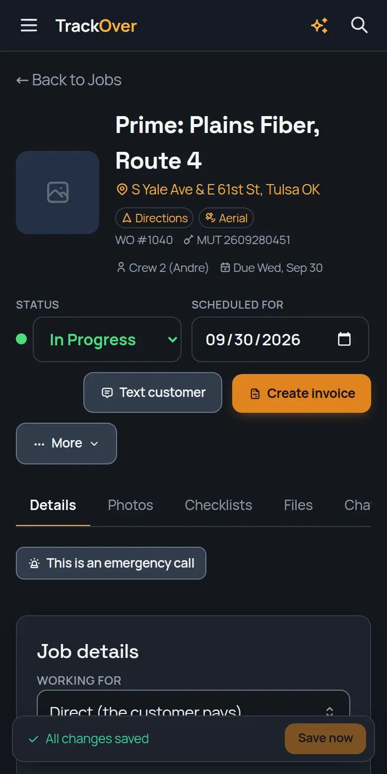 A TrackOver job page on a phone: customer, address, status and the invoice button