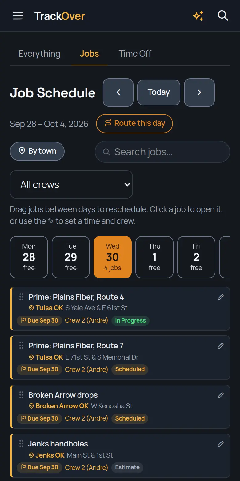 TrackOver job schedule on a phone, with the day's jobs, crew and status