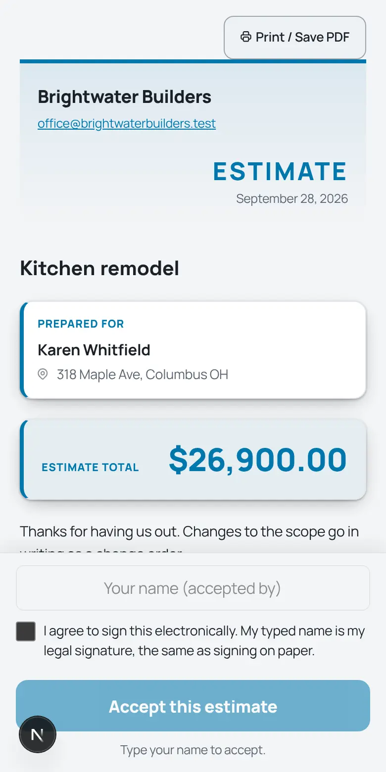 A TrackOver estimate as the customer sees it on a phone