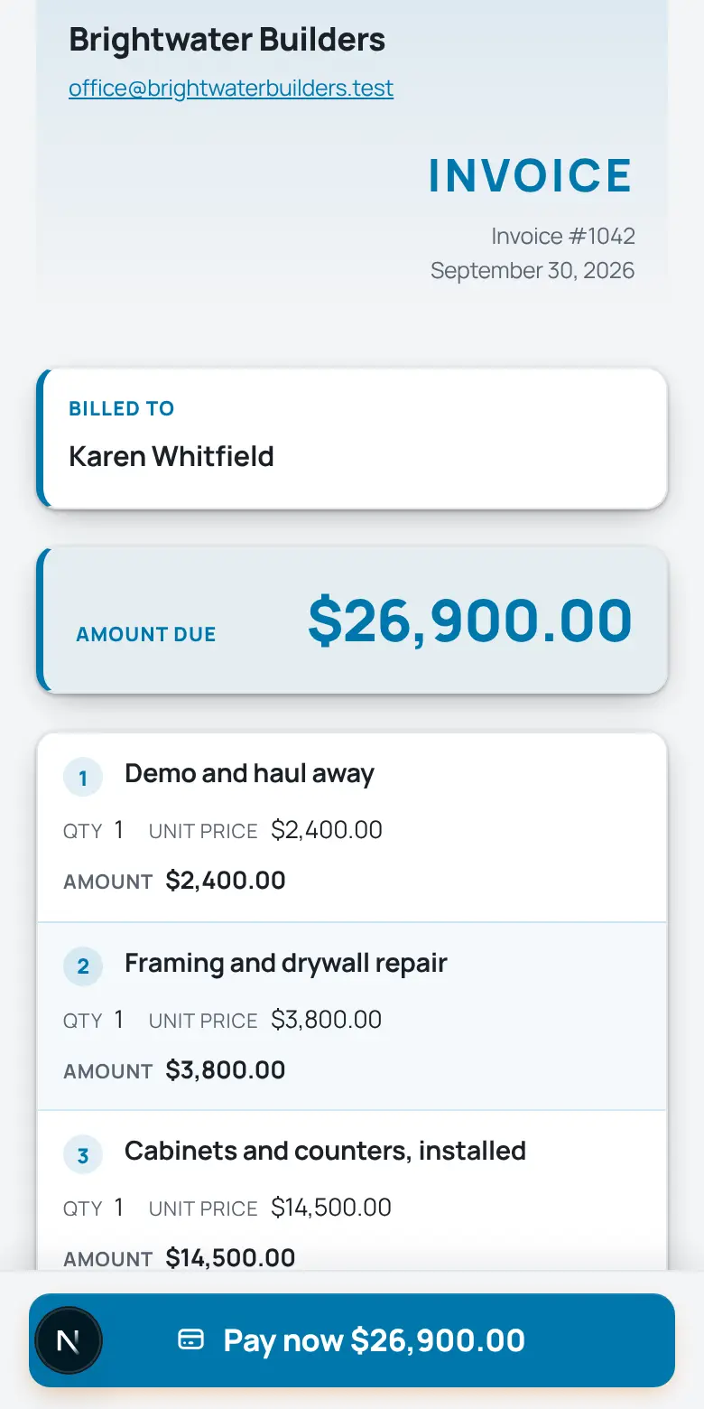 A TrackOver invoice on a phone with the Pay now button