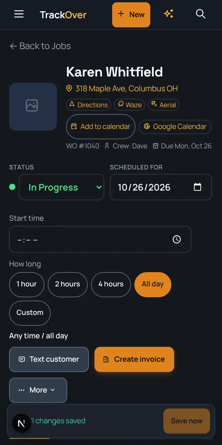 A TrackOver job page on a phone: customer, address, status and the invoice button