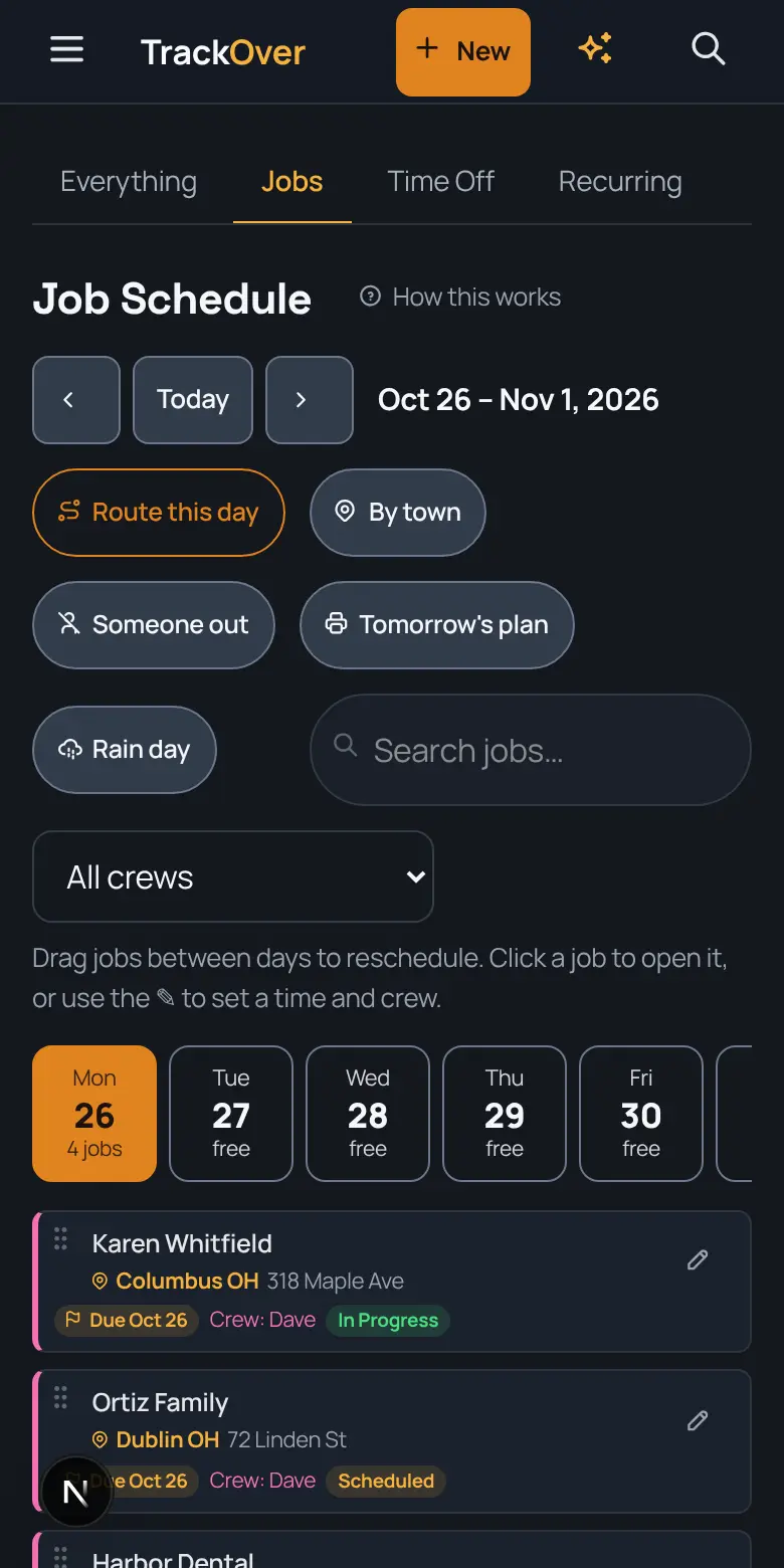 TrackOver job schedule on a phone, with the day's jobs, crew and status
