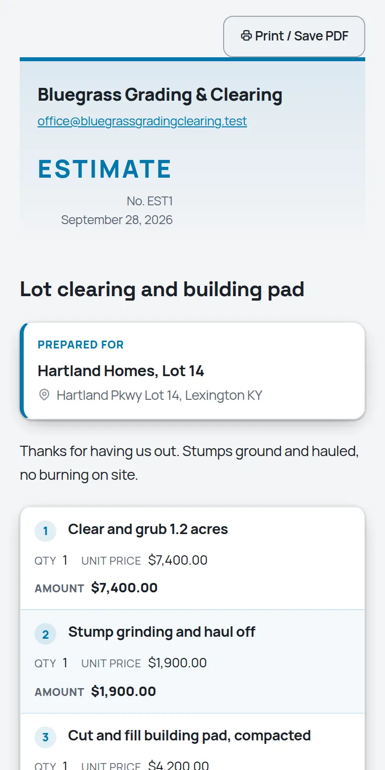 A TrackOver estimate as the customer sees it on a phone