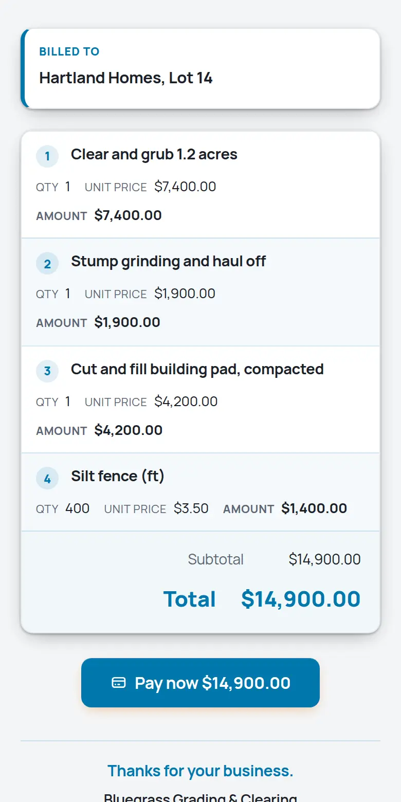 A TrackOver invoice on a phone with the Pay now button