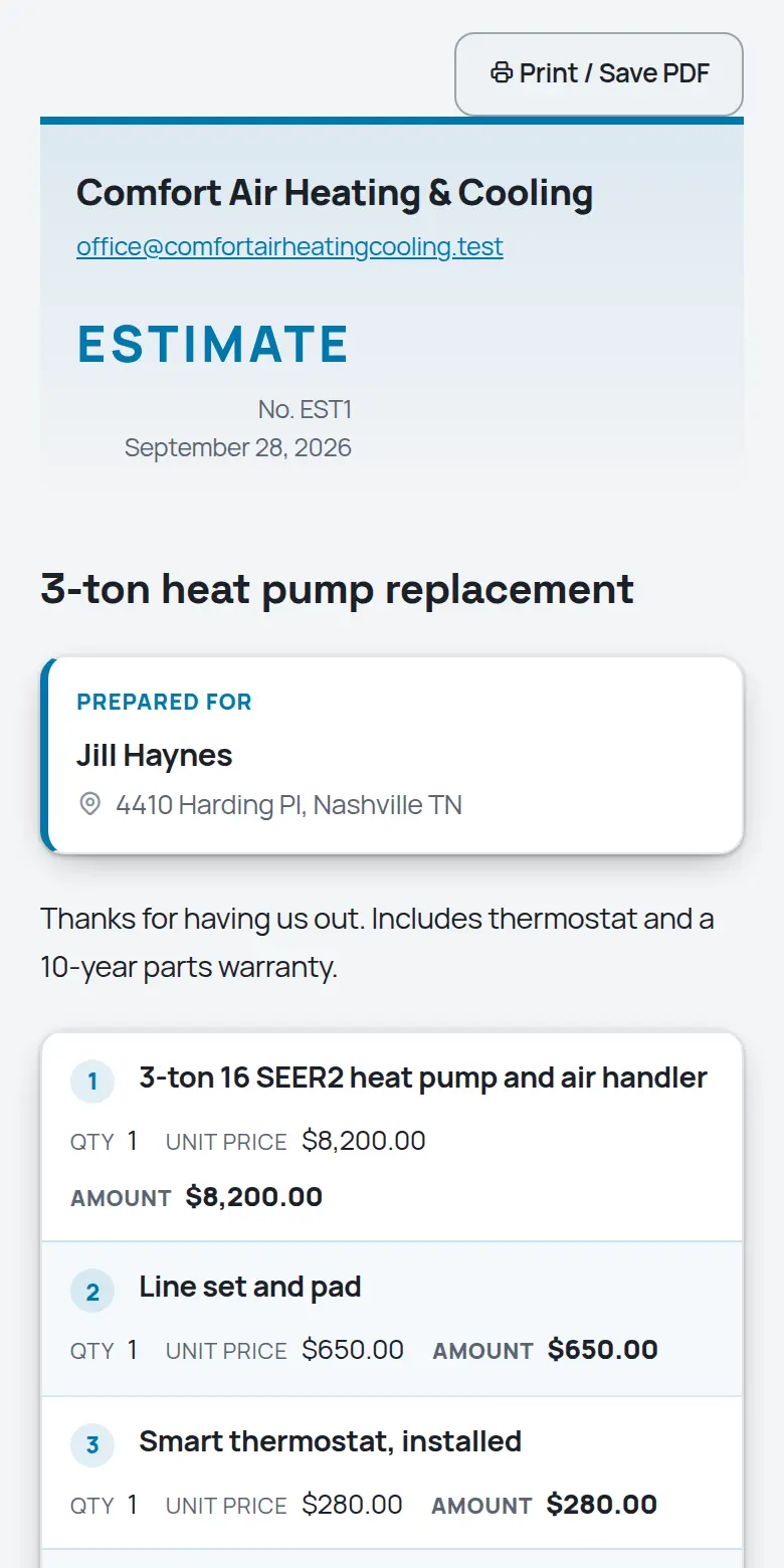 A TrackOver estimate as the customer sees it on a phone