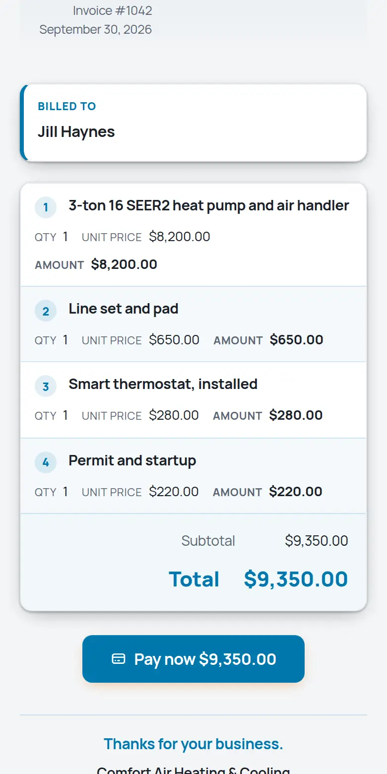 A TrackOver invoice on a phone with the Pay now button