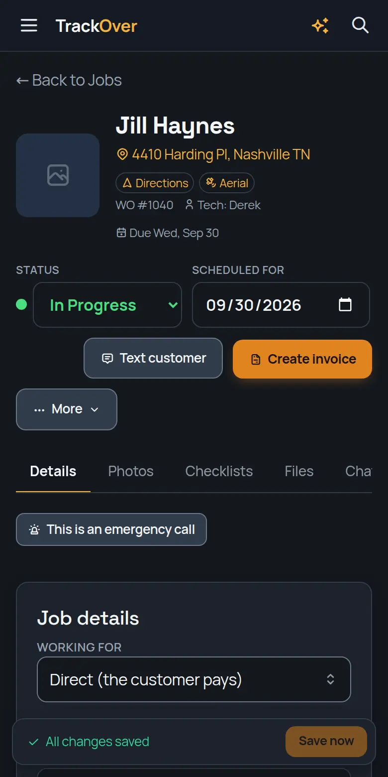 A TrackOver job page on a phone: customer, address, status and the invoice button