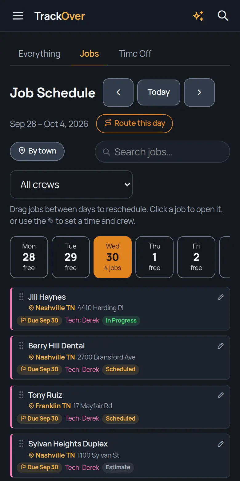 TrackOver job schedule on a phone, with the day's jobs, crew and status