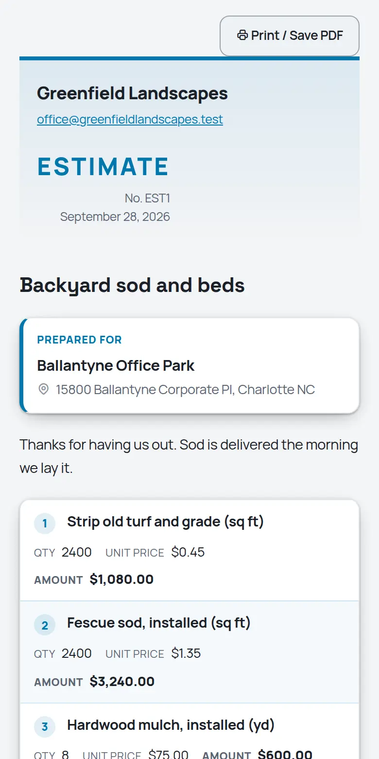 A TrackOver estimate as the customer sees it on a phone