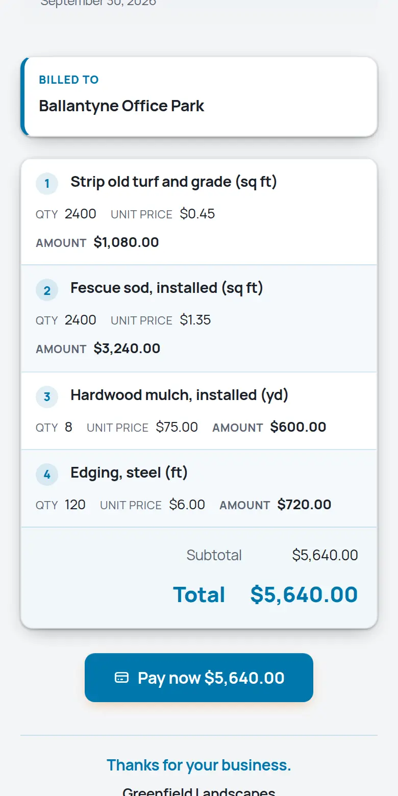 A TrackOver invoice on a phone with the Pay now button