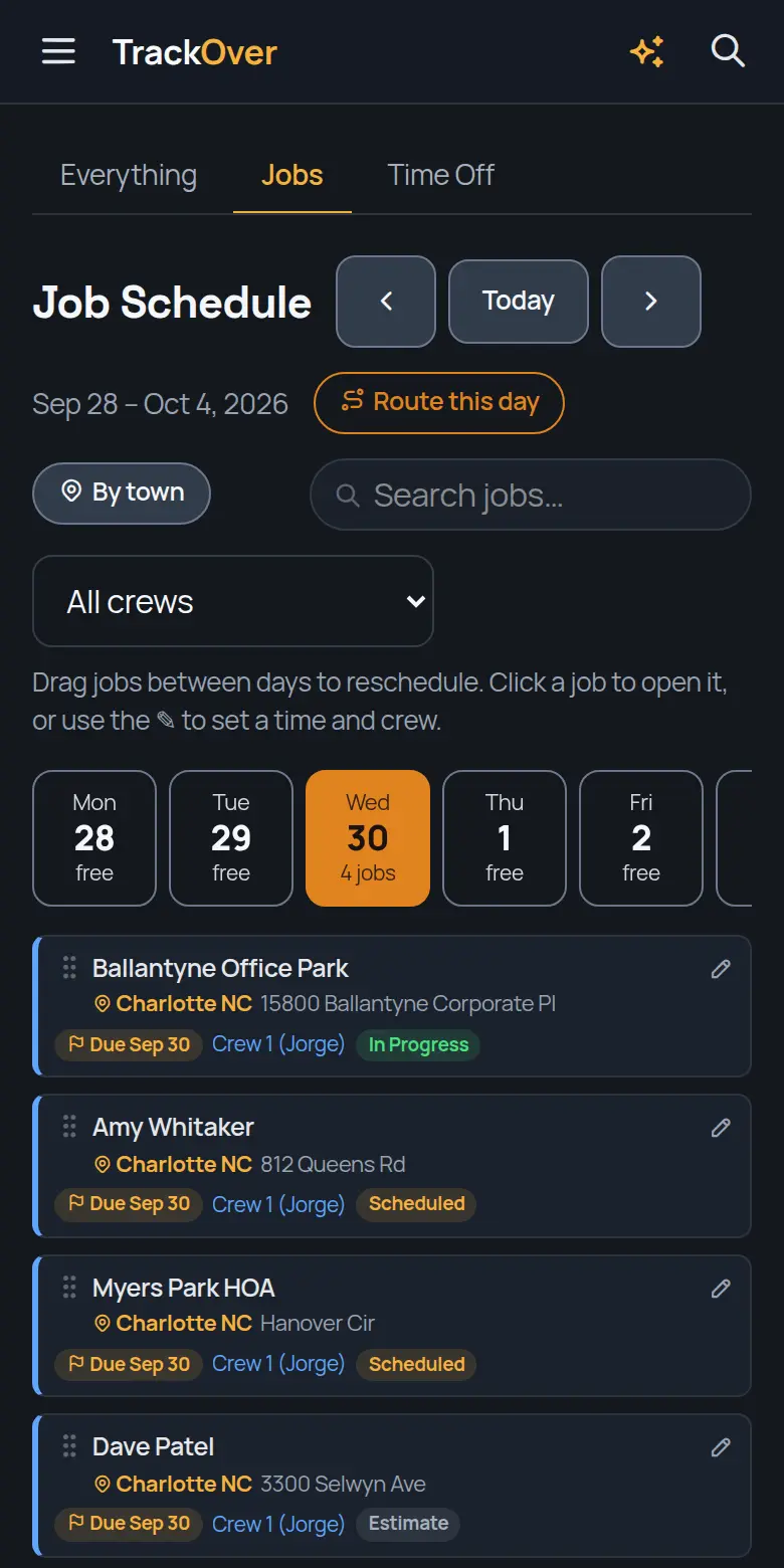 TrackOver job schedule on a phone, with the day's jobs, crew and status
