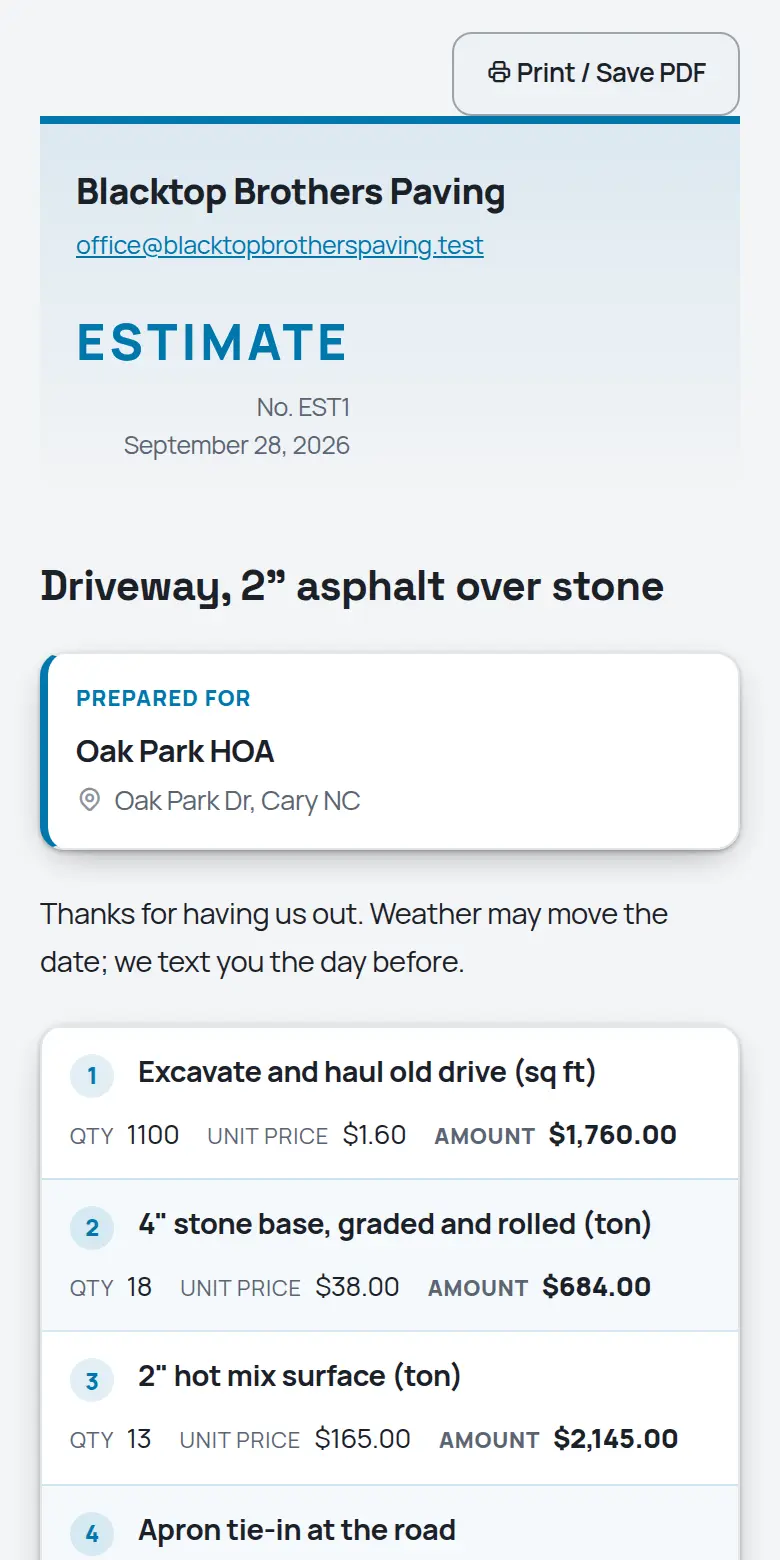 A TrackOver estimate as the customer sees it on a phone