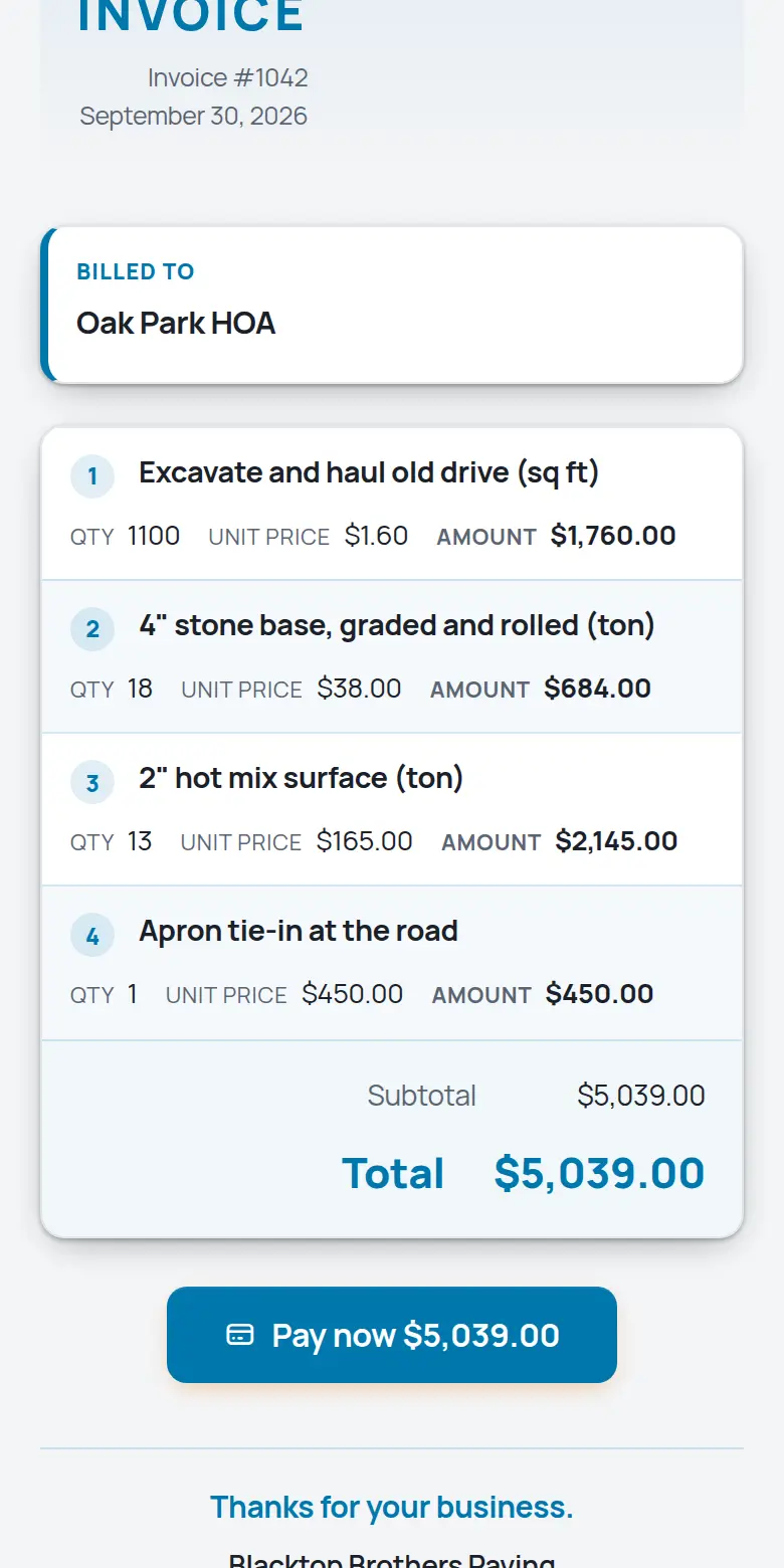 A TrackOver invoice on a phone with the Pay now button