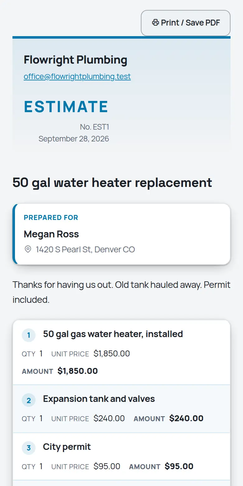 A TrackOver estimate as the customer sees it on a phone