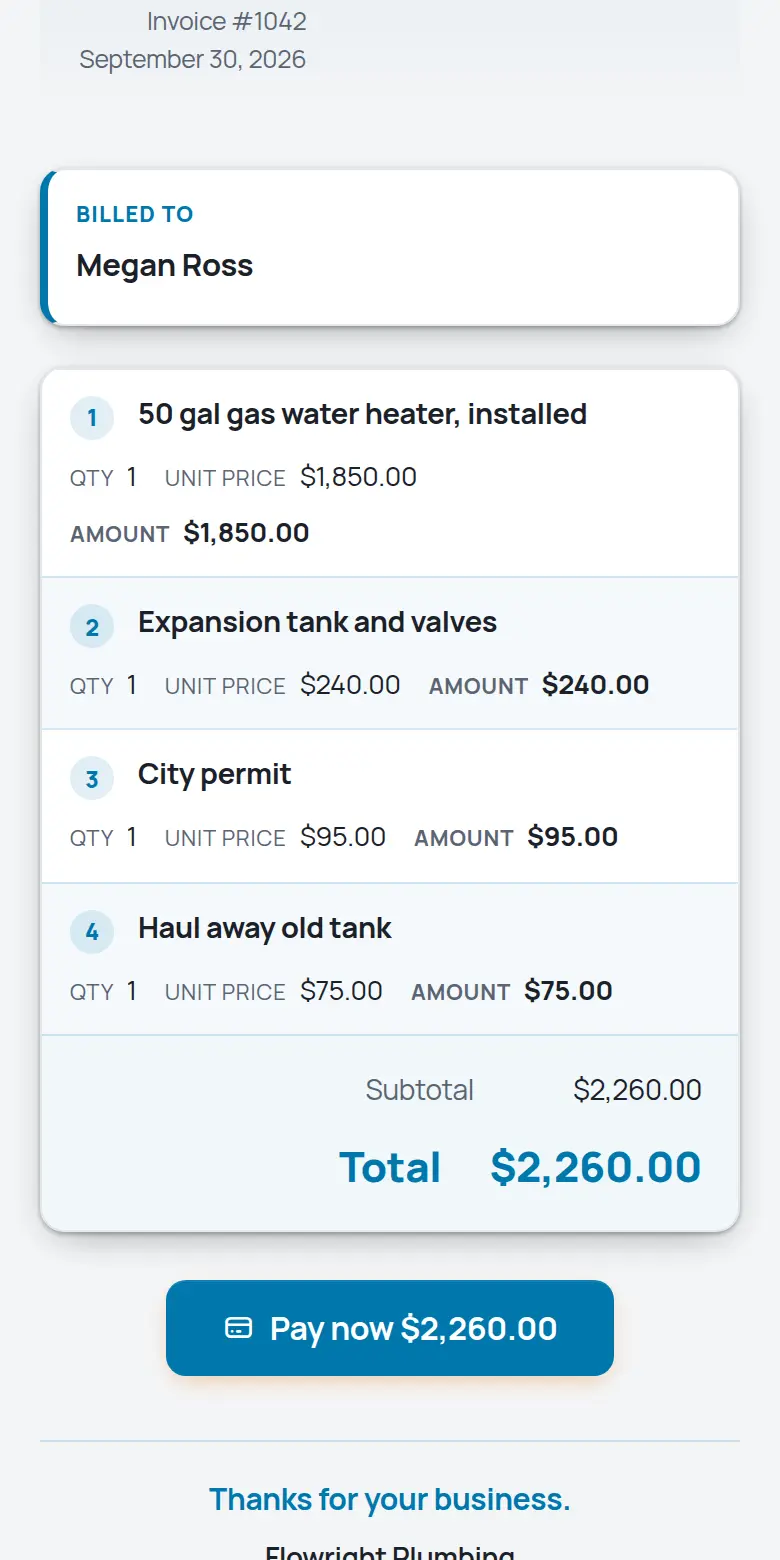 A TrackOver invoice on a phone with the Pay now button