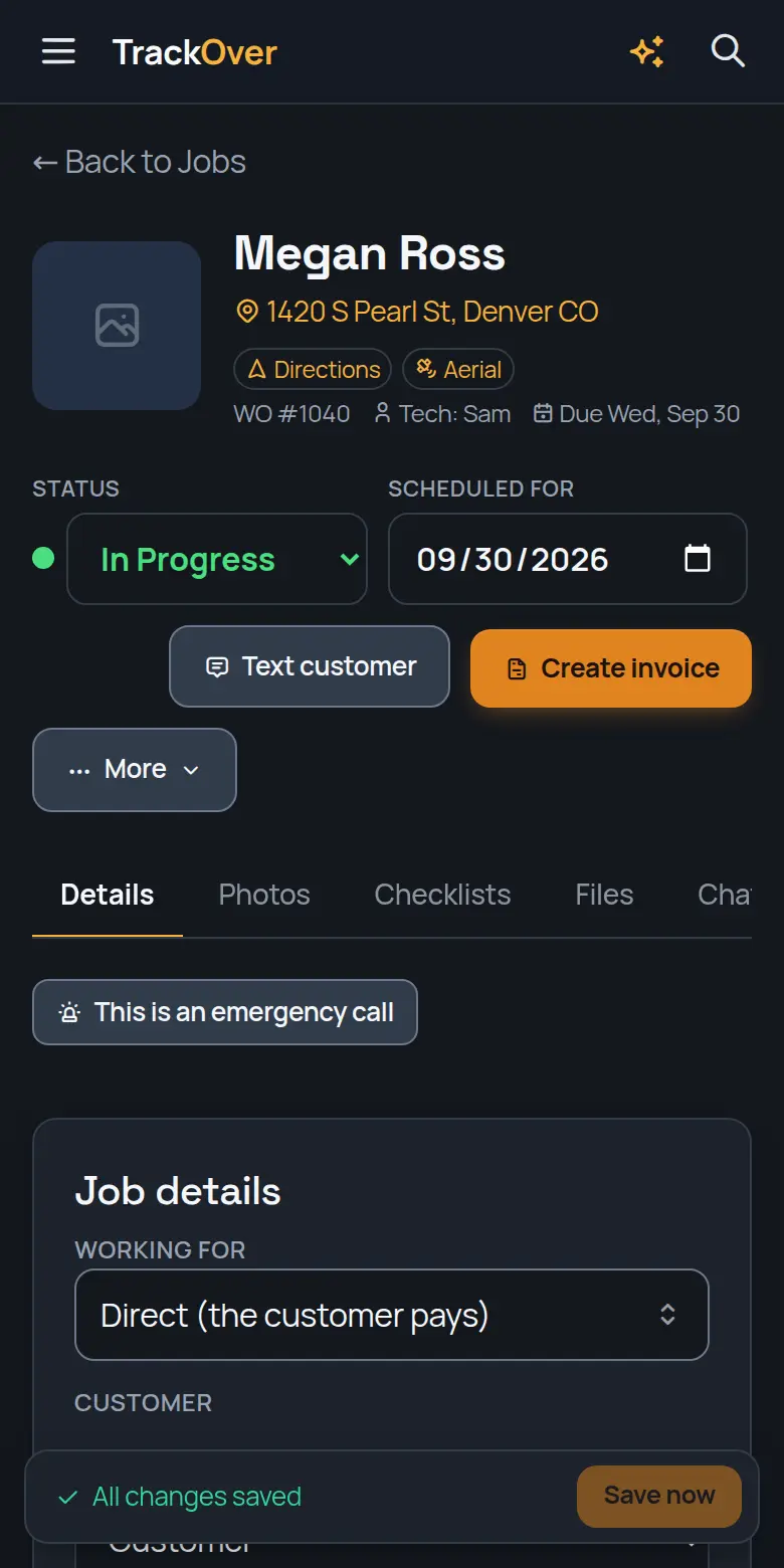 A TrackOver job page on a phone: customer, address, status and the invoice button