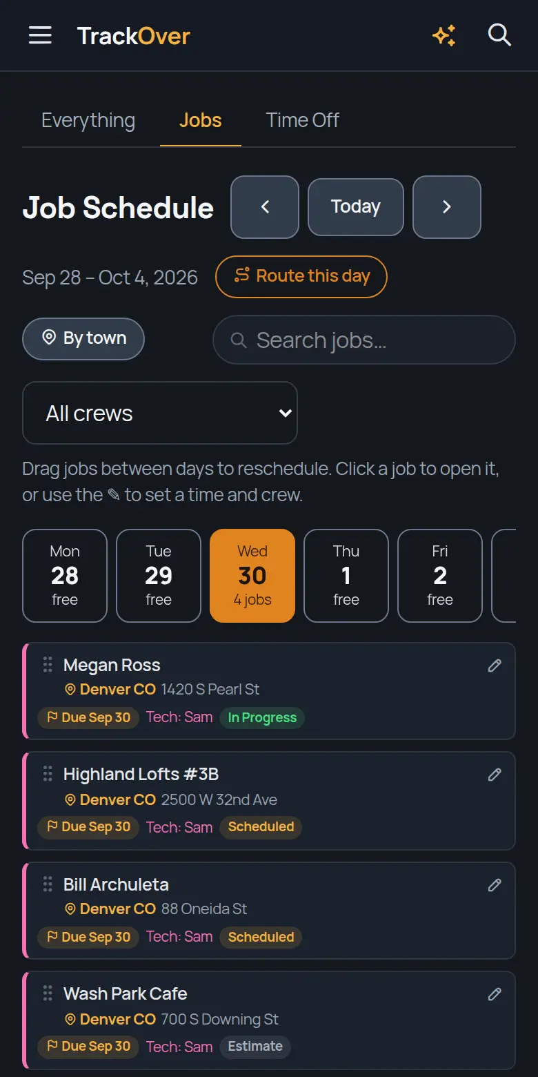 TrackOver job schedule on a phone, with the day's jobs, crew and status