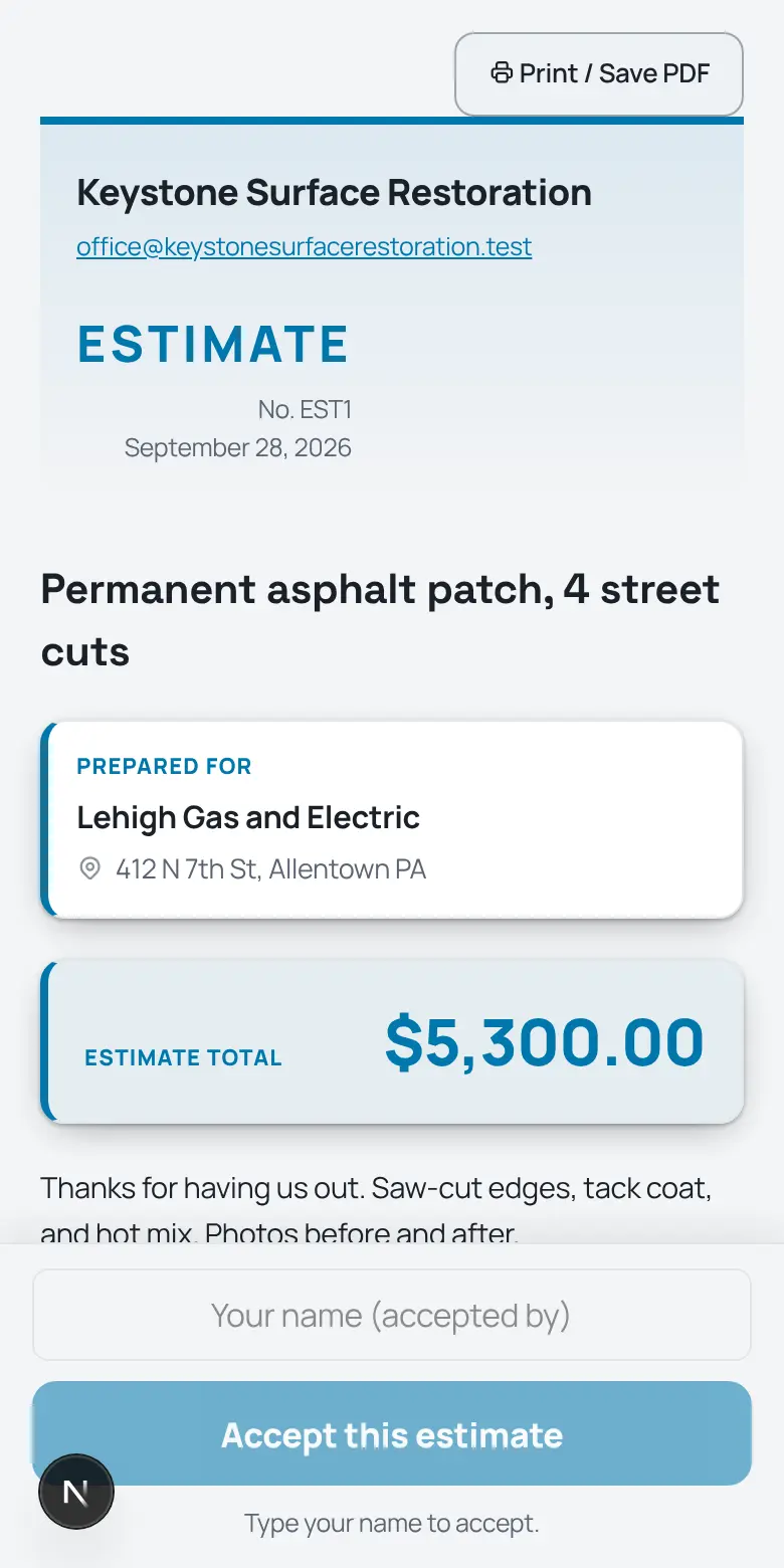 A TrackOver estimate as the customer sees it on a phone