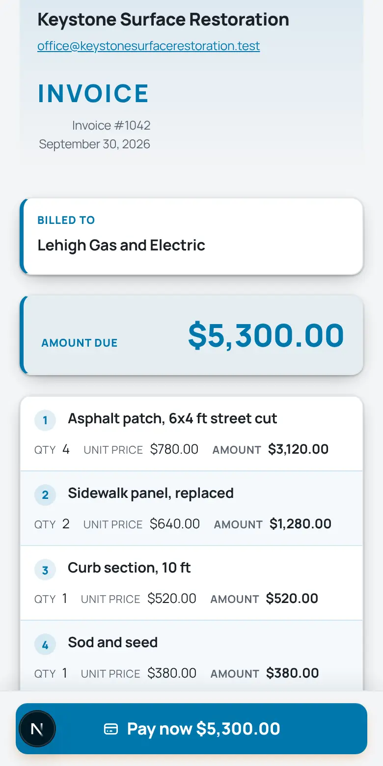 A TrackOver invoice on a phone with the Pay now button