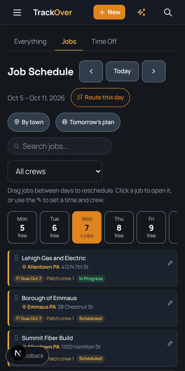 TrackOver job schedule on a phone, with the day's jobs, crew and status