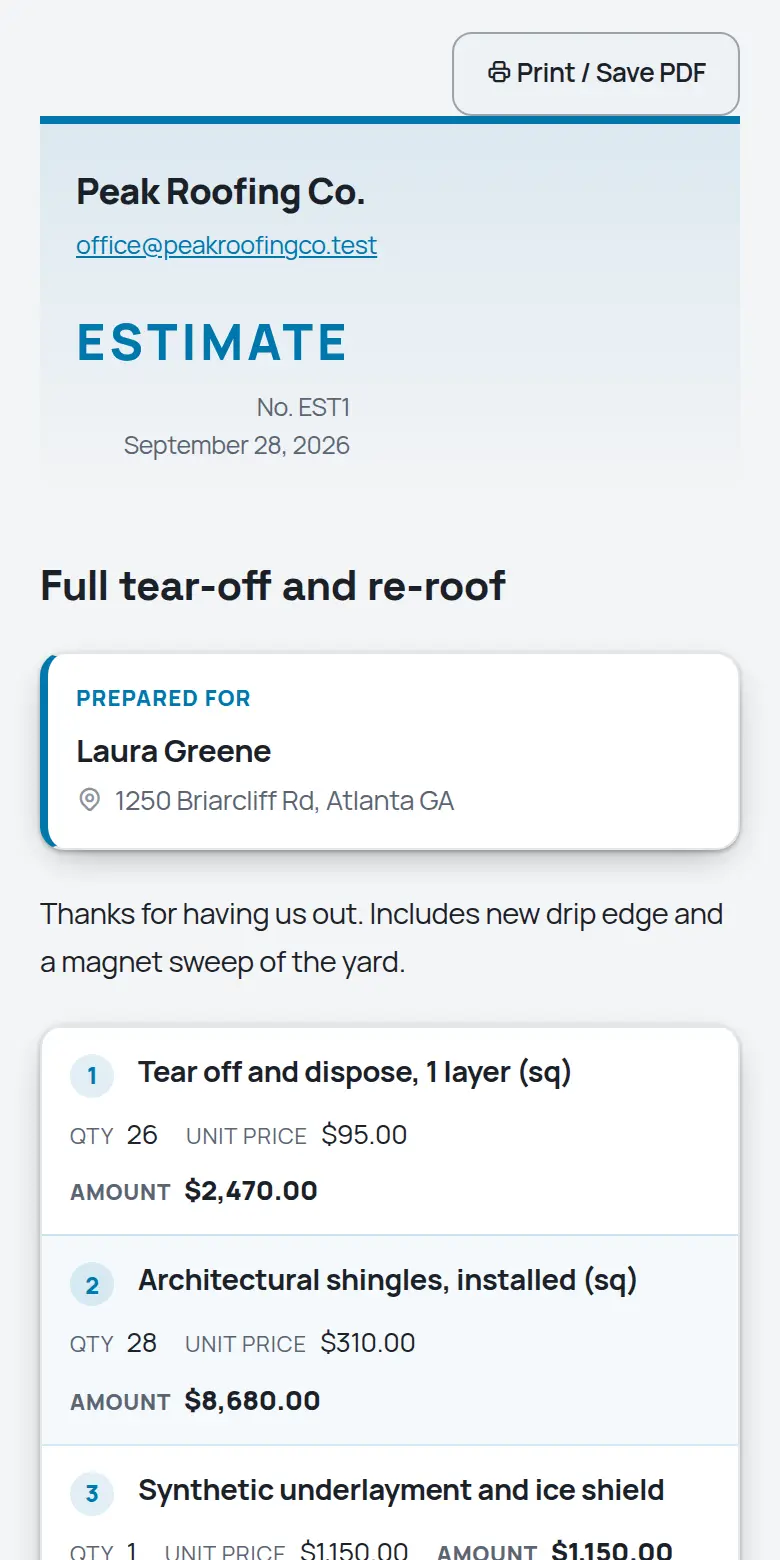 A TrackOver estimate as the customer sees it on a phone